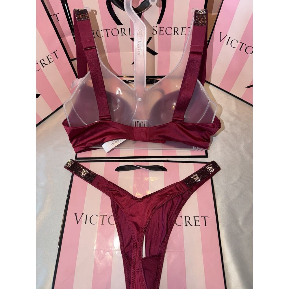 Victorias Secret Bra Bombshell Shine Strap 32B Small Satin Thong Burgundy - Picture 3 of 3